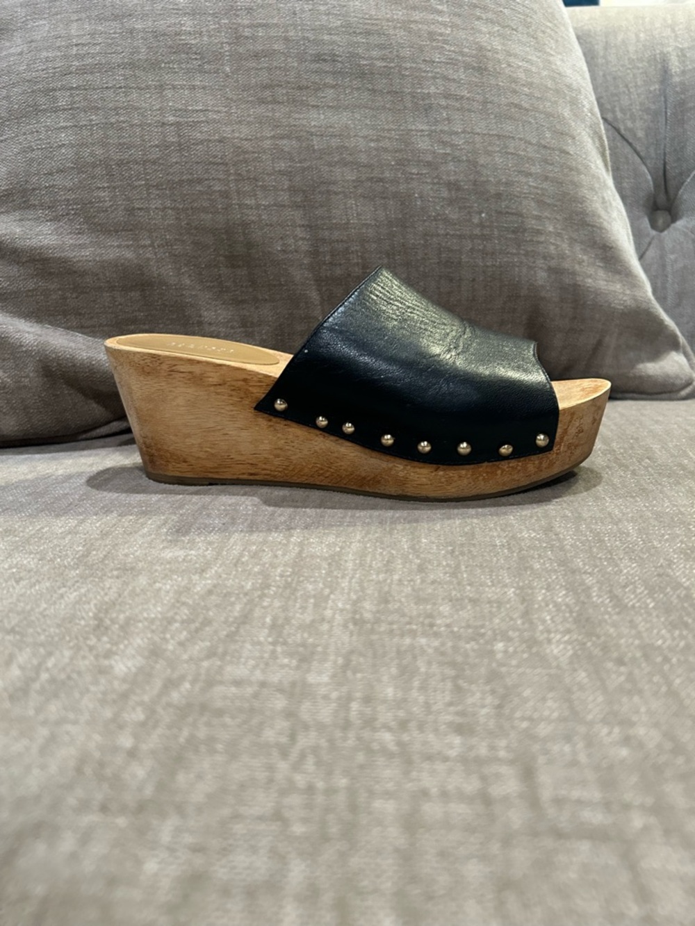 Barneys New York Black Leather Studded Wood Wedge Mule